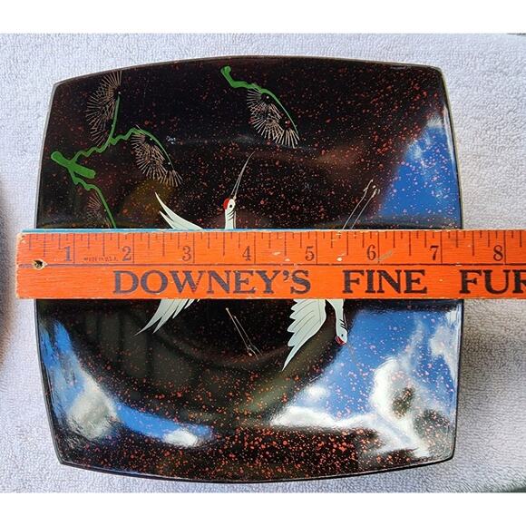 Set Of 2 Lacquer Square Plate Dishes Omachang Double Flying Crane Bamboo Asian - Picture 4 of 7